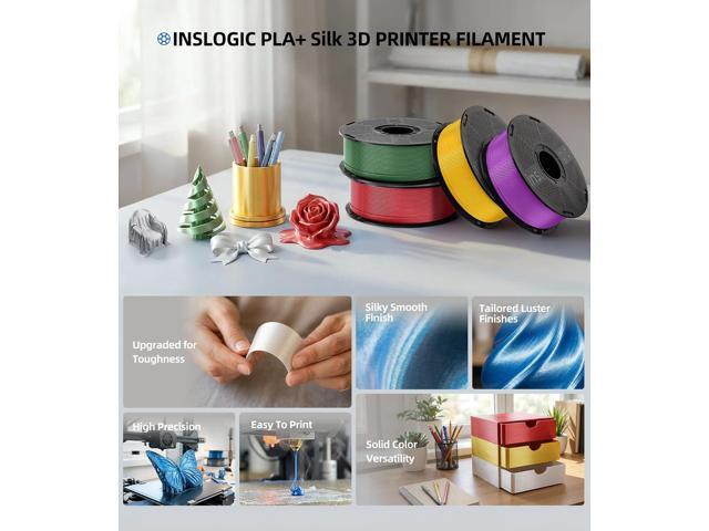 Inslogic Silk PLA 3D Printing Filament Bundle Multicolor, Silky Smooth Finish Monochrome Filament 1.75mm fit for FDM 3D Printer, 1kg X 4 Pack...