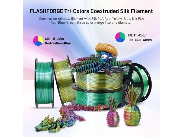FLASHFORGE Silk Tri-Color PLA Filament 1.75mm, Coextrusion Red Blue Green Triple Color Rainbow, 1kg, 3D Printer Filament