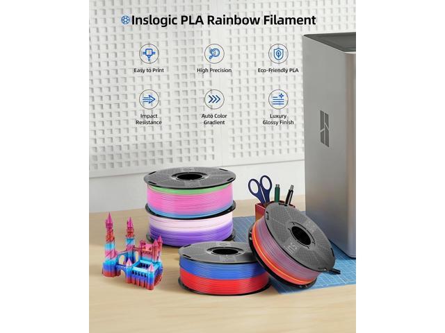 Inslogic PLA Rainbow Filament Bundle Multicolor, Neatly Wound Gradient Rainbow PLA 3D Printer Filament 1.75mm ±0.02mm, 1kg×4 Spools(2.2lbs×4)