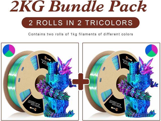 LOVOON Silk PLA 3D Printing Filament Bundle 2KG, PLA Filament 1.75mm Shiny Tricolor Pack Fast Color Change 3D Printer Filament, Get 2 Spools of...