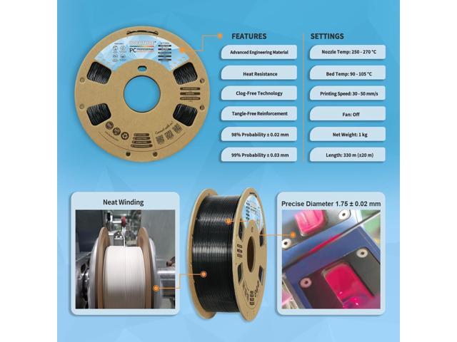 OVERTURE PC Professional Filament, Cardboard Spool, 1kg(2.2lbs), Dimensional Accuracy Probability +/- 0.02mm, Fit Most FDM Printer (Transparent)
