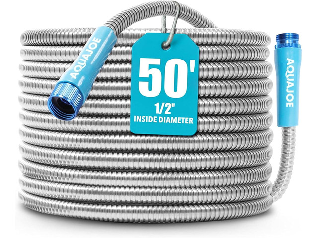 Aqua Joe 50-Foot Heavy Duty Garden Hose, Spiral 304 Stainless Steel Metal Hose, Puncture Proof, 1/2 Inch Diameter with Aluminum Fittings, AJSGH50