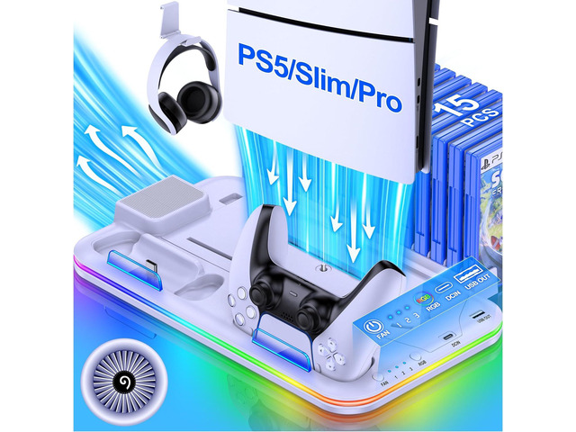 PS5/Slim/Pro Stand and Cooling Station with Controller Charging Station for Digital/Disc, PS5 Accessories Incl. 3 Levels Cooling Fan, LED Light, 15...
