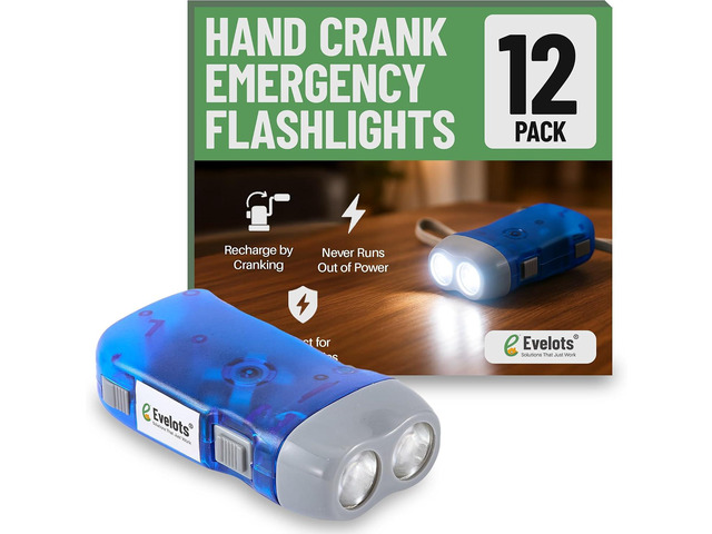 Evelots Hand Crank Emergency Flashlight 12-Pack - Rechargeable Crank Light, Double LED Hand Press Flashlight for Camping, Car, Hiking, Outdoor...