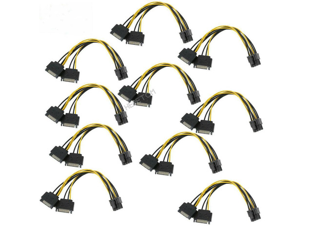 FOR 10PCS Dual 15 Pin Male Cable To (6+2) 8 Pin Male PCIE PCI Express Video Card SATA Power Cable Adapter Data Cables 20CM