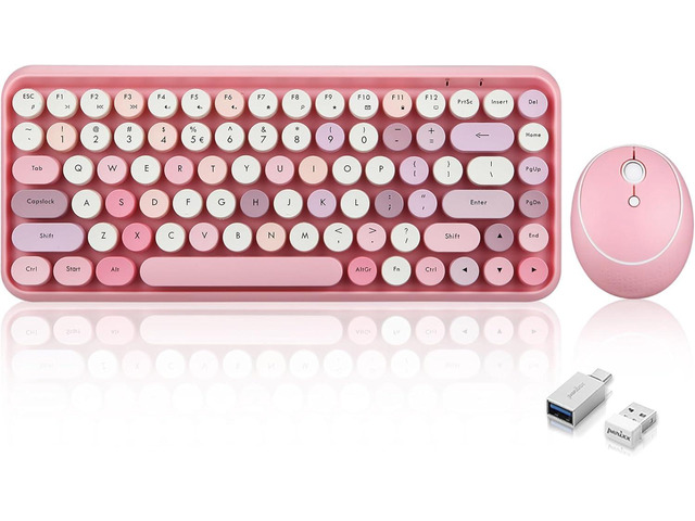 Perixx PERIDUO-713 Wireless Mini Keyboard and Mouse Combo, Retro Round Key Caps, Pastel Pink, US English Layout
