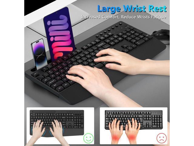Wireless Keyboard and Mouse Combo, Full-Sized Ergonomic Keyboard with Wrist Rest, Phone Holder, Sleep Mode, Silent 2.4GHz Cordless Keyboard Mouse...