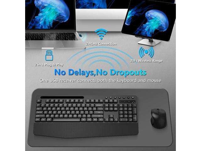 Wireless Keyboard and Mouse Combo, Full-Sized Ergonomic Keyboard with Wrist Rest, Phone Holder, Sleep Mode, Silent 2.4GHz Cordless Keyboard Mouse...