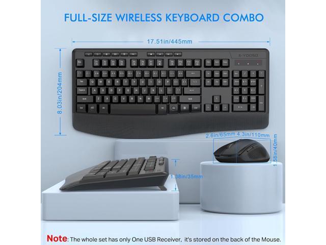 Wireless Keyboard and Mouse Combo, E-YOOSO 2.4GHz Full Sized Ergonomic Wireless Keyboard with Wrist Rest, 3 DPI Adjustable and 6 Buttons Cordless...