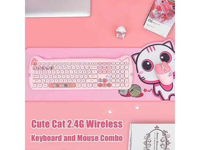 Cute Cat 2.4G USB Wireless Keyboard and Mouse Combo, Silent Keys, Candy Colors, Compatible with Notebook, PC (Pink-110Keys)
