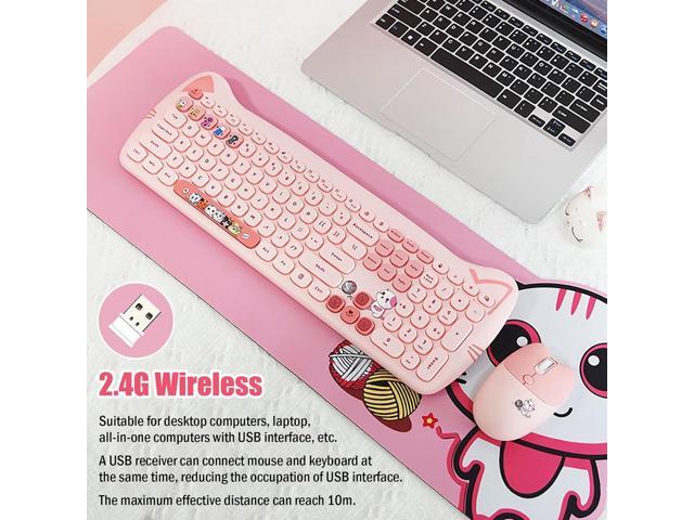 Cute Cat 2.4G USB Wireless Keyboard and Mouse Combo, Silent Keys, Candy Colors, Compatible with Notebook, PC (Pink-110Keys)