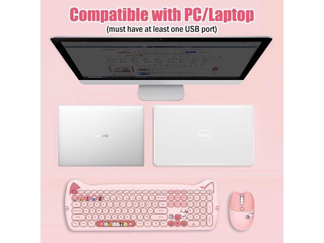 Cute Cat 2.4G USB Wireless Keyboard and Mouse Combo, Silent Keys, Candy Colors, Compatible with Notebook, PC (Pink-110Keys)