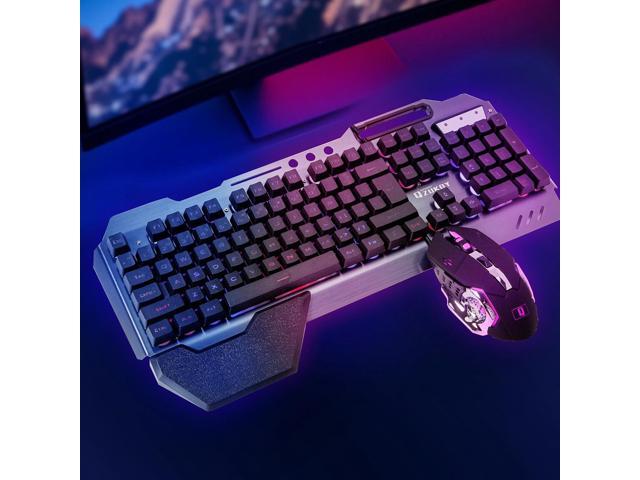 RGB Backlit Gaming Keyboard and Mouse Set 16 Lighting Modes, 2400DPI 4-Button Optical Mouse, Mouse Pad & Phone Holder Ergonomic Wrist Support Black