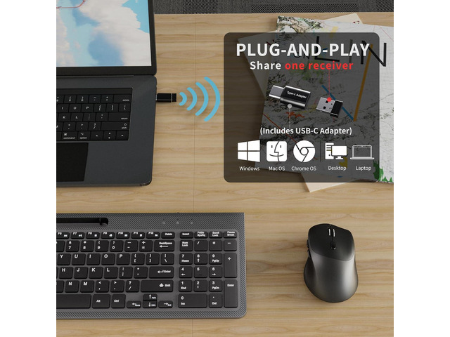 Wireless Keyboard and Mouse, Ergonomic Keyboard Mouse with Phone Holder, 2.4GHz Cordless Keyboard Mouse for Mac, Windows, PC, Laptop Black