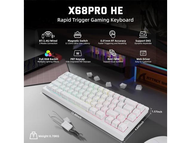 ATTACK SHARK X68 PRO HE Wireless Rapid Trigger Gaming Keyboard with Adjustable Actuation,8K Polling Rate,Hall Effect Magnetic Switch,Hot-Swap,RGB...