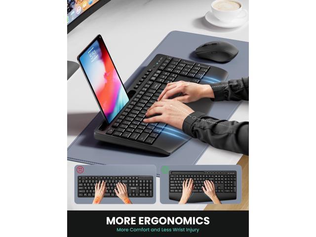 Ergonomic Wireless Keyboard and Mouse Combination, LIZRROT 2.4GHz Quiet Full Length Mouse and Keyboard, Wrist Stand, Phone Holder, Compatible with...