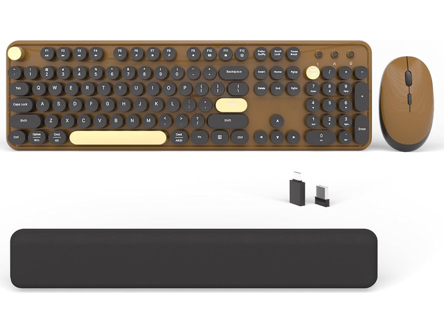 Wireless Computer Keyboards Mouse Combos, COVEVA Colorful Typewriter Retro Keyboard with Round Keycaps, USB Keyboard and Mouse Set 2.4GHz Full-Size...