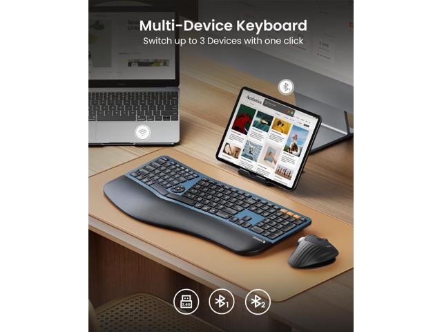 ProtoArc Backlit Bluetooth Ergonomic Keyboard, EK01 Plus Full Size Wireless Split Keyboard with Dual Bluetooth and USB, Cushioned Wrist Rest,...
