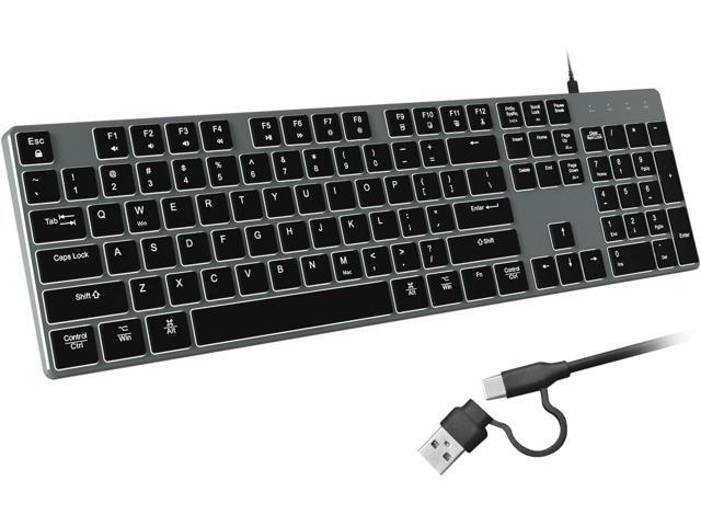 Wired Backlit Keyboard for Windows/Mac,Aluminum Slim & Quiet Full Size Keyboards Light Up with USB A/USB C Dual Interface,Compatible with...