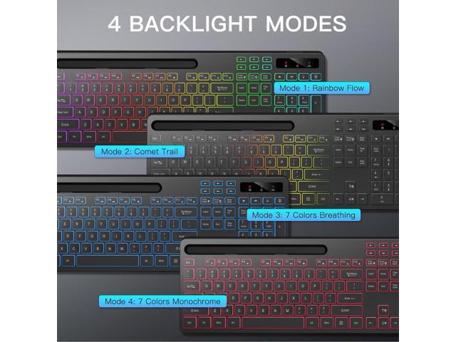 Wireless Keyboard with 7-Color RGB Backlit, Full-Size Computer Keyboard with Phone Tablet Holder, 2.4G Rechargeable Gaming Keyboard with Light Up...