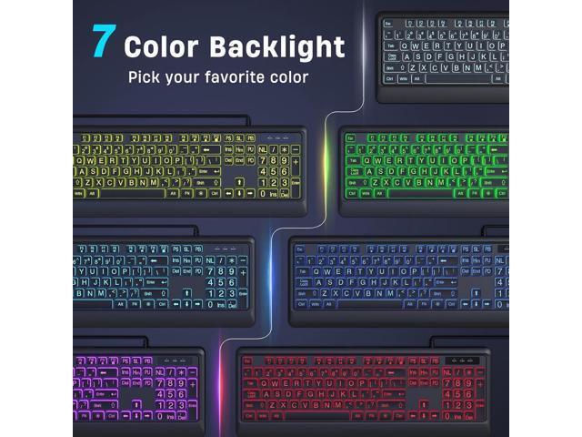 KOPJIPPOM Large Print Keyboard - 7 Interchangeable Backlight Colors, Light Up USB Wired Computer Keyboards, USB Plug-and-Play, Foldable Stands,...