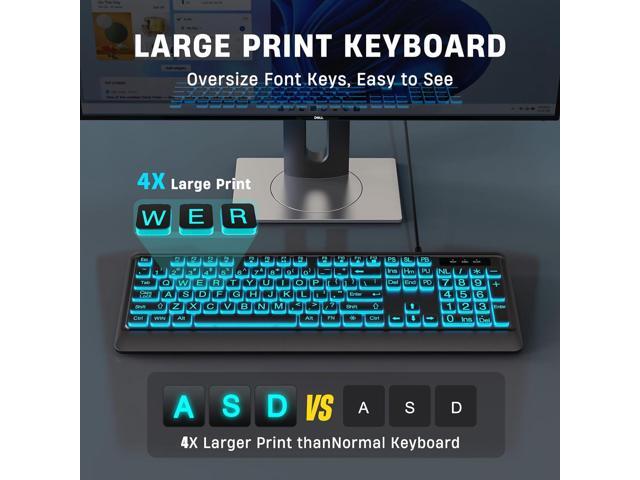 KOPJIPPOM Large Print Keyboard - 7 Interchangeable Backlight Colors, Light Up USB Wired Computer Keyboards, USB Plug-and-Play, Foldable Stands,...