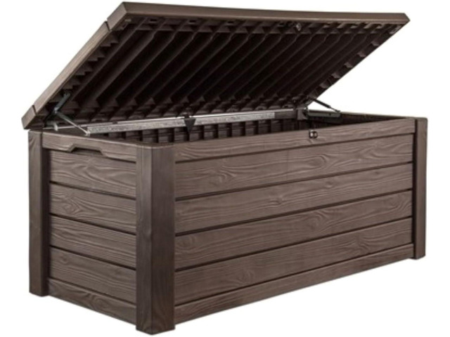 Keter 150 Gallon Resin Large Deck Box Organization and Storage Box for Patio, Outdoor Cushions, Garden Tools, Brown