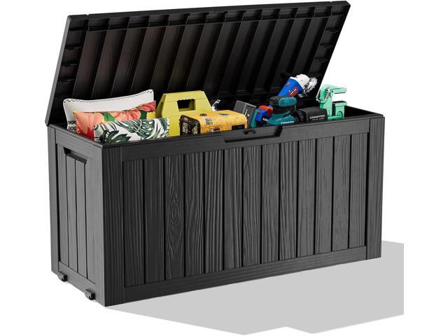 ROJIK Outdoor Storage Box with Wheels 85 Gallon Mobile Waterproof Resin Deck Box, Lockable Storage for Patio Cushions, Garden Tools, Pool.