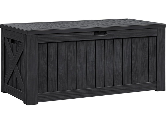Flamaker Resin Deck Box 120 Gallon Waterproof Large Outdoor Indoor Storage Box Imitation Wood Resin for Patio Furniture Garden Tools and Pool (Black)