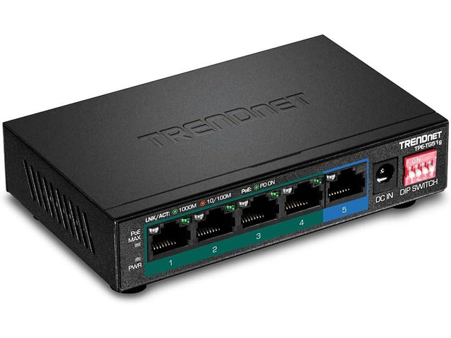 TRENDnet 5-Port Gigabit PoE+ Switch, Camera DIP Switch extends PoE+ 200m (656 ft.), 60W PoE Budget,Lifetime Protection, Black, TPE-TG51g