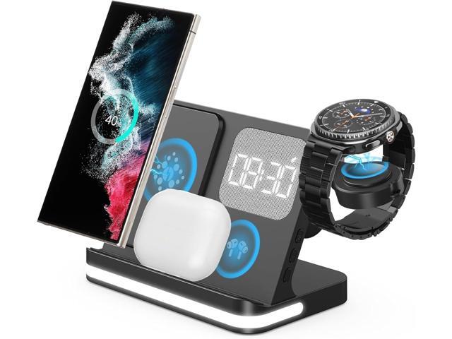 4 in 1 Wireless Charger with Alarm Clock Compatible for Galaxy Watch 8/7/Ultra/FE/6 Pro Galaxy S25/Ultra/S25+/S24/S23/Note 20/Z Flip 7/6/5 Fold 6...