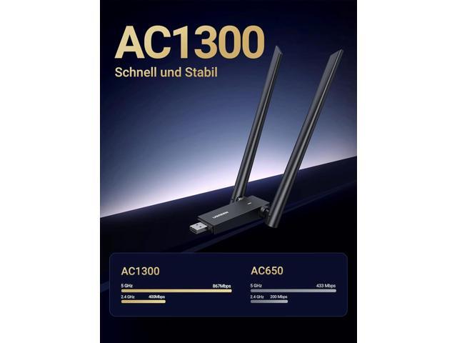 UGREEN USB WiFi Adapter, AC1300 5dBi High Gain Dual Antennas, 5G/2.4G Dual Band, 164ft Wide Range, USB 3.0 WiFi Adapter for Desktop PC Laptop,...