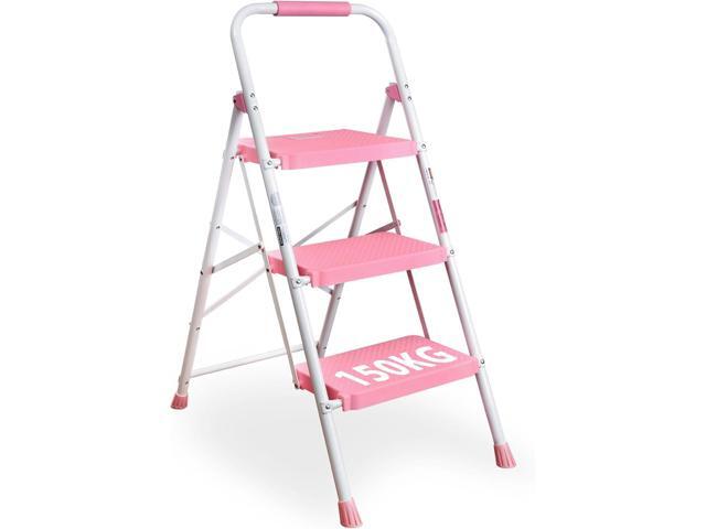 BONTEC 3-Step Ladder, Folding Step Stool, 600lbs Max Load Capacity, Sturdy Steel, Non-Slip Pedals, Lightweight, Portable Steel Ladder with.