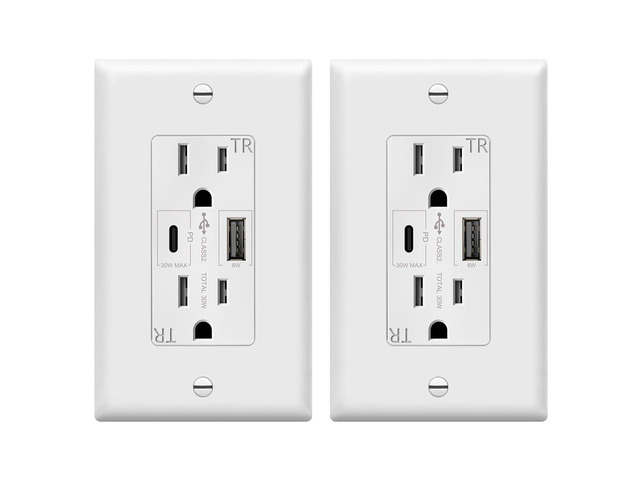 TOPGREENER USB Outlet Receptacle,36W Power Delivery Wall Outlet,White,2Pack