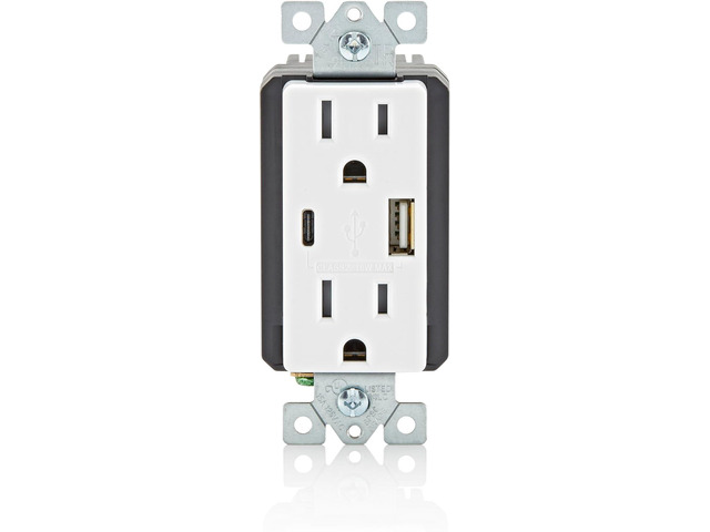 Leviton 18W USB Type-A/C in-Wall Charger with 15A Tamper-Resistant Outlet, USB Charger for Smartphones, Not for Laptops, T5638-W, White