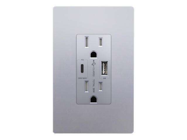 LIDER USB-C 36W Power Delivery Wall Outlet, Duplex Tamper-Resistant Receptacle with USB Type-C/USB Type-A Charging Ports, Interchangeable Face.