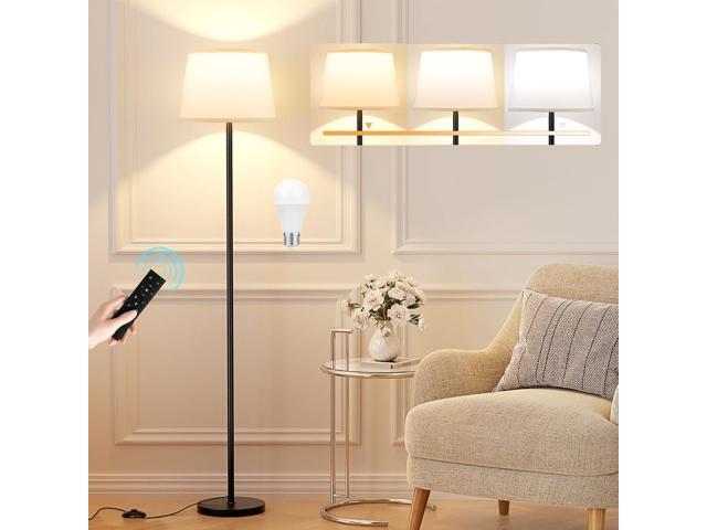 Modern Floor Lamp with Adjustable Brightness, Remote Control, Black, LED Bulbs, White Shade, Foot Switch, Easy Assembly
