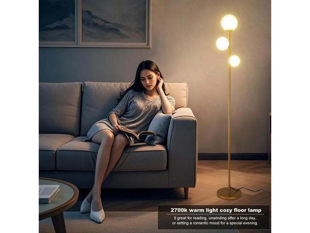 Fiqevs 3 Globe Mid Century Modern Floor Lamp for Living Room, Gold Floor Lamp with Frosted Glass Shade and LED Bulbs, Warm Light Standing Tall Pole...