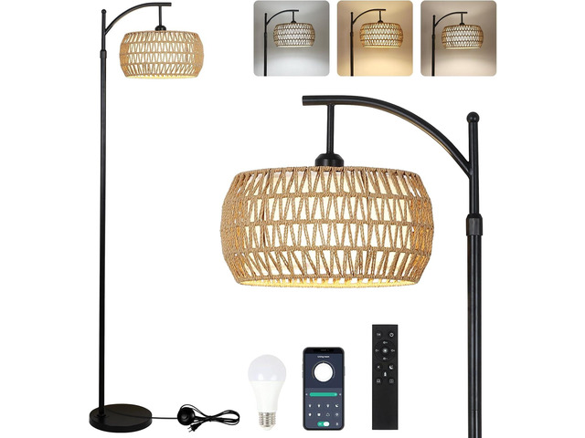 Arc Floor Lamp with Remote Control, Dimmable LED Floor Lamp with 3 Color Temperature, Black Standing Lamp with Rattan & Fabric Double Drum Shade,...