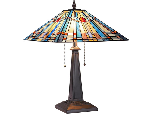 Tiffany Table Lamp 16' Wide Handmade Stained Glass Lamp Shade 2 Light Blue Mission Style Vintage Table Lamp for Living Room Bedroom