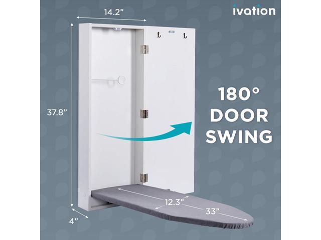 Ivation Wall-Mounted Ironing Board Cabinet, Foldable Ironing Storage Station for Home, Apartment, Easy-Release Lever, Garment Hooks, White