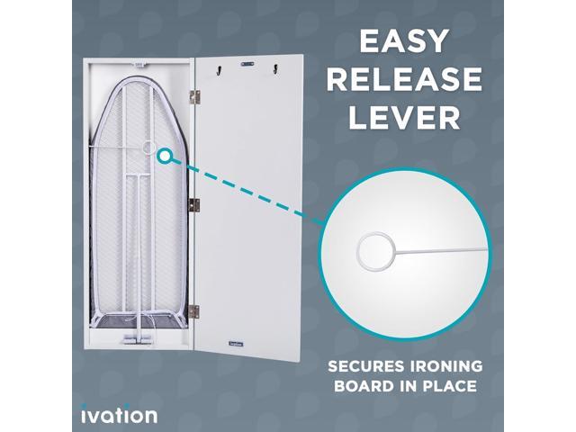 Ivation Wall-Mounted Ironing Board Cabinet, Foldable Ironing Storage Station for Home, Apartment, Easy-Release Lever, Garment Hooks, White