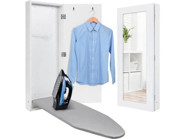 Ivation Wall-Mounted Ironing Board Cabinet with Mirror, Foldable Ironing Storage Station for Home, Apartment, Easy-Release Lever, Garment Hooks, White