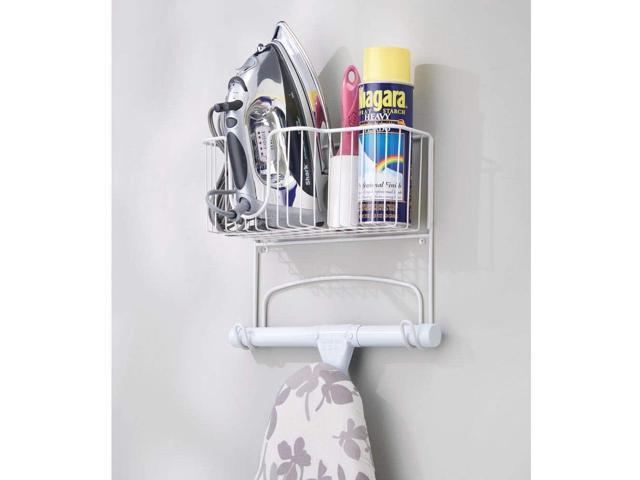 mDesign Wall Mounted Ironing Board Holder - Steel Ironing Board Rack for Easy Organisation - Includes Basket for Iron Storage - White