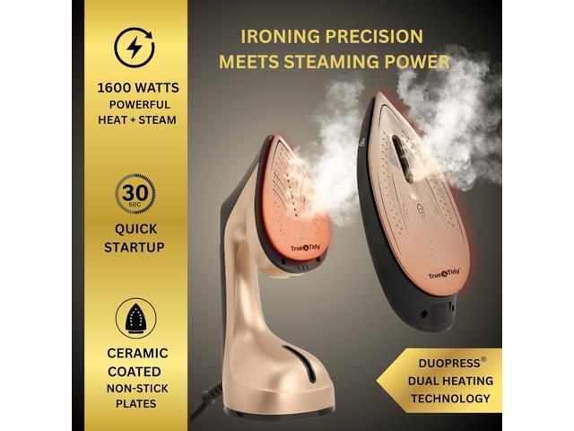 True & Tidy DuoPress XL 2-in-1 Clothes Steamer & Iron 1600W Handheld Travel Garment Steamer with Ceramic Soleplate, LCD Display, No-Drip...