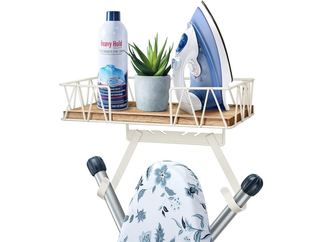 TJ. MOREE Ironing Board Hanger Wall Mount - Laundry Room Decor Iron and Ironing Board Holder with Large Storage Wooden Base Basket and Removable...