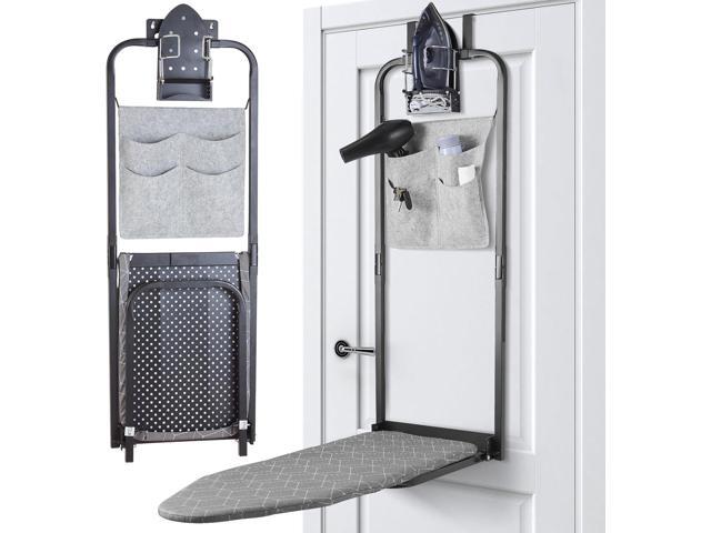 Over The Door Ironing Board 14x42 inches with Iron Holder and Pocket Storage Bag, Hanging Iron Board for Home Laundry Room, Black