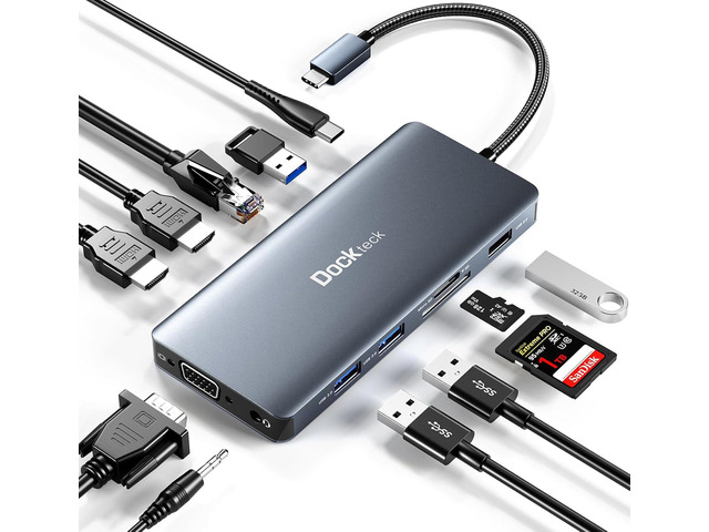USB C Docking Station, dockteck 12 in 1 USB C Hub Adapter with 2 HDMI 4K, VGA, Ethernet, 4 USB-A Ports, Audio, 100W PD, SD/TF Card Reader for...