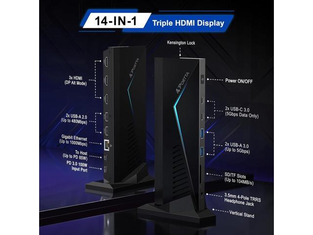 PORTTA 14 in 1 Docking Station Triple Display, HDMI x3, USB x6, RJ45, SD/TF, 100W PD, Audio/Mic, Support Single/Dual 4K@60Hz, Triple 4K@30Hz,...