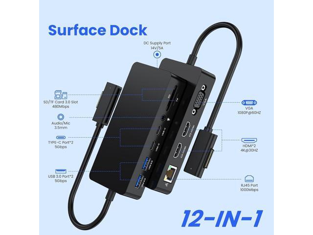 Surface Docking Station, 12-in-1 Surface Dock Triple Displays Dual HDMI 4K@60HZ+VGA, Surfac-e Pro Docking Station with Power Supply for Surfac Pro...